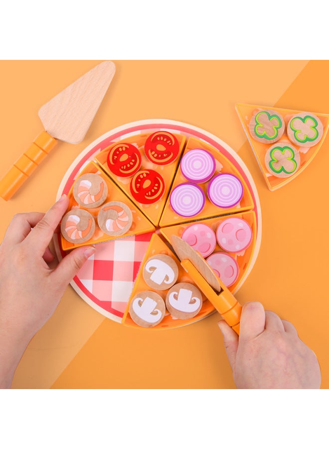 Children's Educational Early Education Wooden Playhouse Toy Combination Shape Simulation Vegetable Mushroom Pizza Chopping Party-Color:Pizza Chicele - Image 2