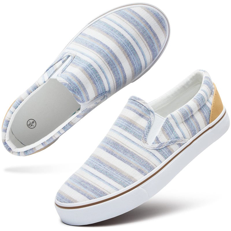 hash bubbie Women's Slip on Shoes Low Top Canvas Sneakers Non Slip Fashion Casual Shoesï¼ˆLight Blue Stripes.US11 - Image 1