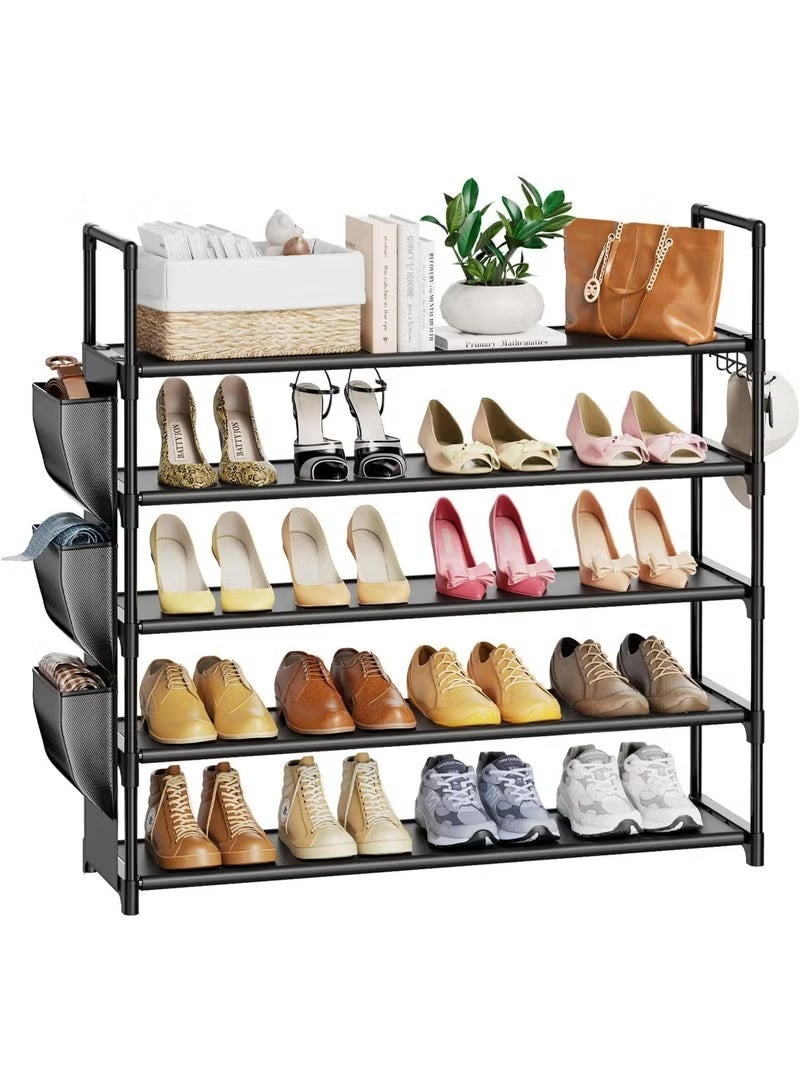 Nadrab 5 Tier Shoe Rack with Hook and Side Pocket,Shoe Organizer Space Saver Storage for 20-25 Pair Shoe Storage Shelf Sturdy Free Standing Long Shoe Rack Organizer for Closet,Entryway,Small Spaces - Image 1