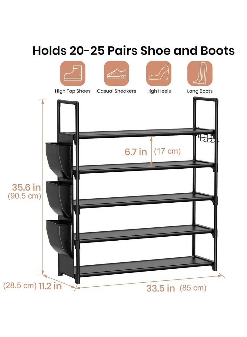 Nadrab 5 Tier Shoe Rack with Hook and Side Pocket,Shoe Organizer Space Saver Storage for 20-25 Pair Shoe Storage Shelf Sturdy Free Standing Long Shoe Rack Organizer for Closet,Entryway,Small Spaces - Image 4