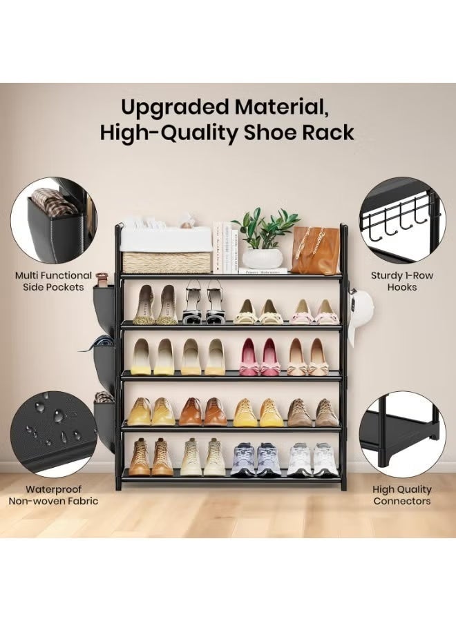 Nadrab 5 Tier Shoe Rack with Hook and Side Pocket,Shoe Organizer Space Saver Storage for 20-25 Pair Shoe Storage Shelf Sturdy Free Standing Long Shoe Rack Organizer for Closet,Entryway,Small Spaces - Image 3