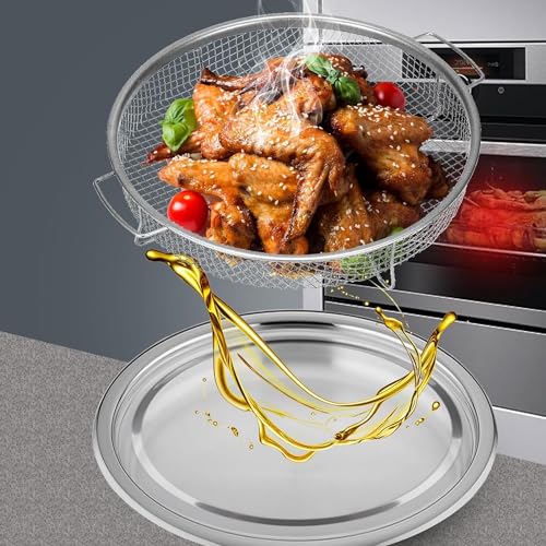 Alark Air Fryer Basket for Oven,2 Pieces Set Round Silver Mesh Basket with Handle Stainless Steel Crisper Tray Oven Crisper for French Fry/Chikan Food Roasting Grill Basket Dishwasher Safe - Image 5