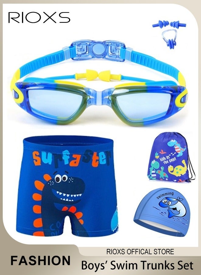 RIOXS Boys' Swimming Set,Short Swim Trunks And Swim Cap,Anti-Fog Wide View Swimming Goggles With Nose Clip Ear Plugs Goggle Case,Complete Swimwear Kit For Little Kids Boys 3-15 Beach Pool Hawaii - Image 1