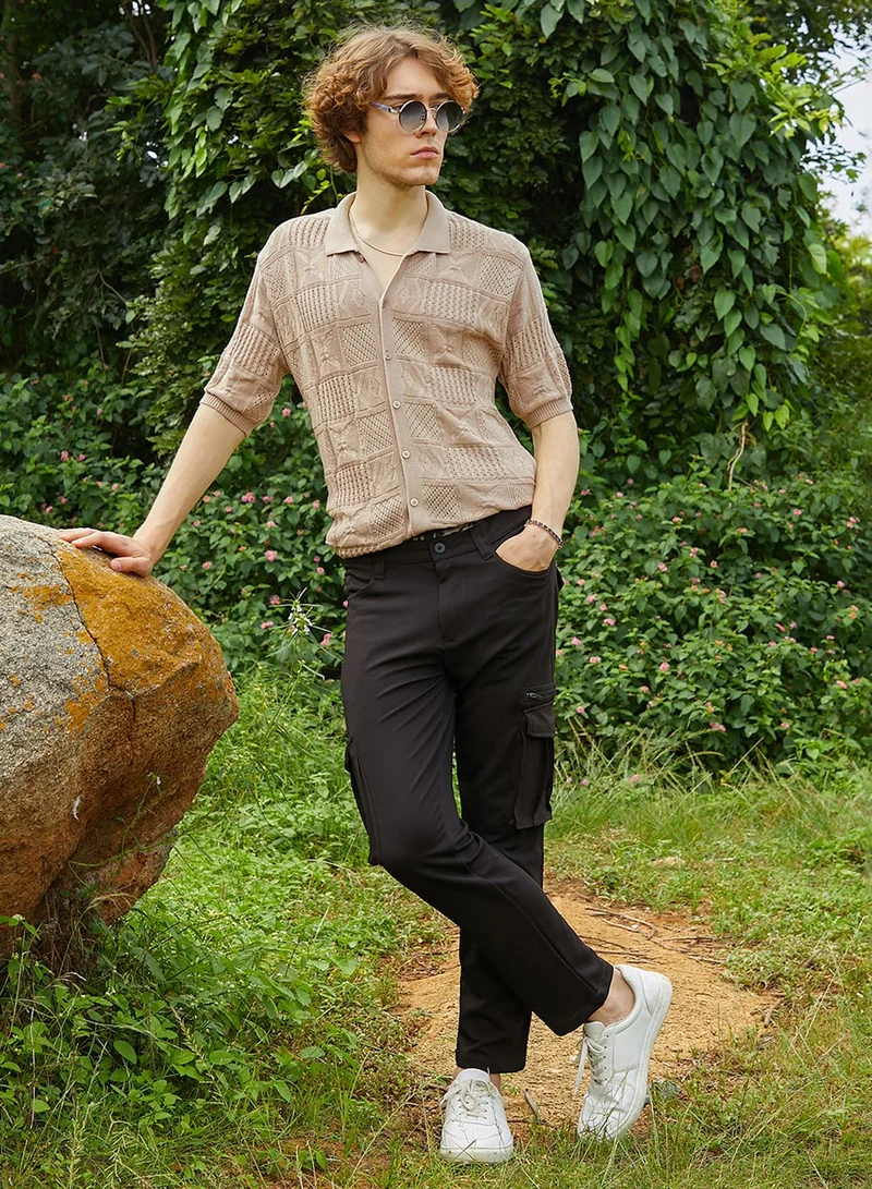 Campus Sutra Campus Sutra Men's Sand Beige Patch-Knit Shirt For Casual Wear | Polo Neck | Short Regular Sleeves | Button Closure | Shirt Crafted With Comfort Fit For Everyday Wear