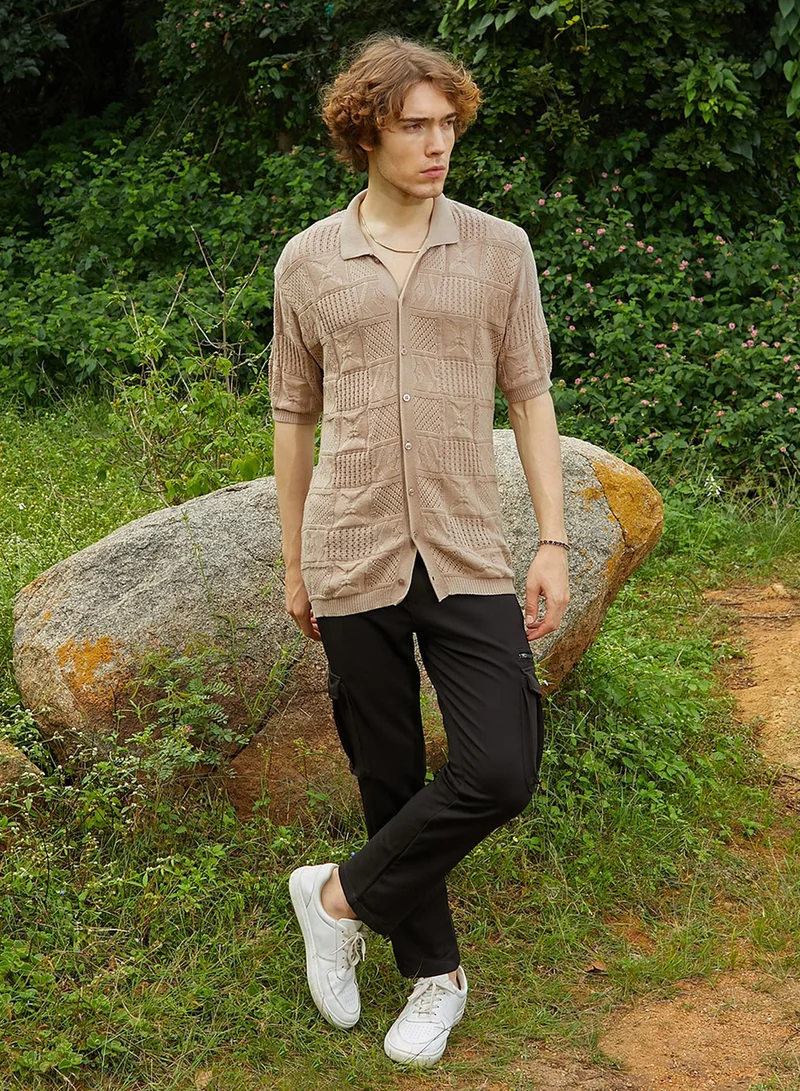Campus Sutra Campus Sutra Men's Sand Beige Patch-Knit Shirt For Casual Wear | Polo Neck | Short Regular Sleeves | Button Closure | Shirt Crafted With Comfort Fit For Everyday Wear