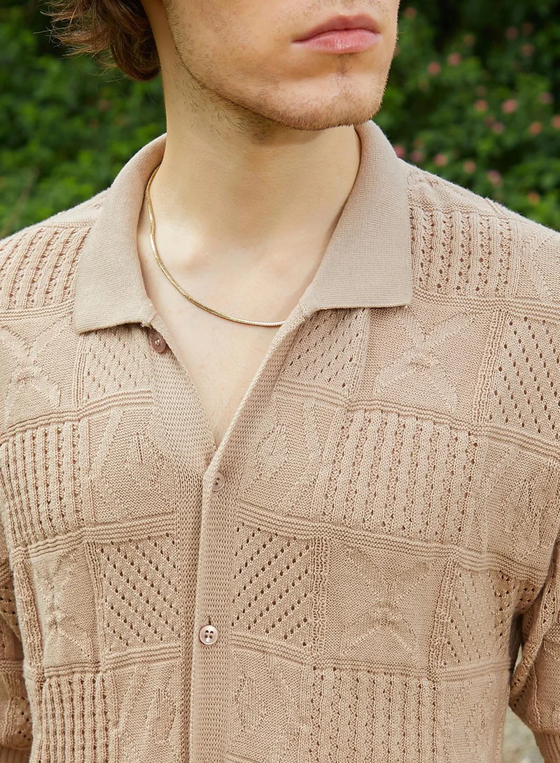 Campus Sutra Campus Sutra Men's Sand Beige Patch-Knit Shirt For Casual Wear | Polo Neck | Short Regular Sleeves | Button Closure | Shirt Crafted With Comfort Fit For Everyday Wear