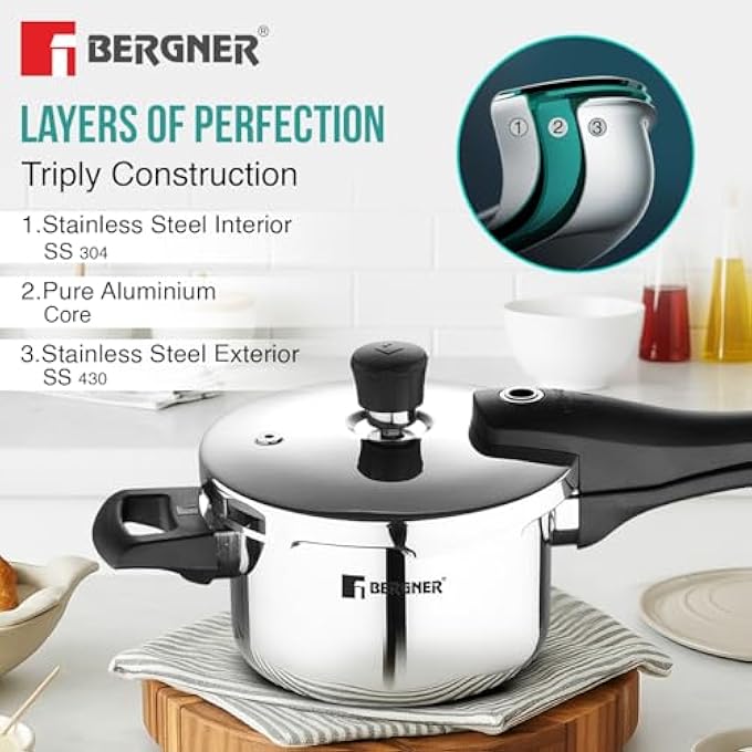 BERGNER Argent Elements Triply 15 L Pressure Cooker With 3 Safety System And Pressure Indicator St - Image 5