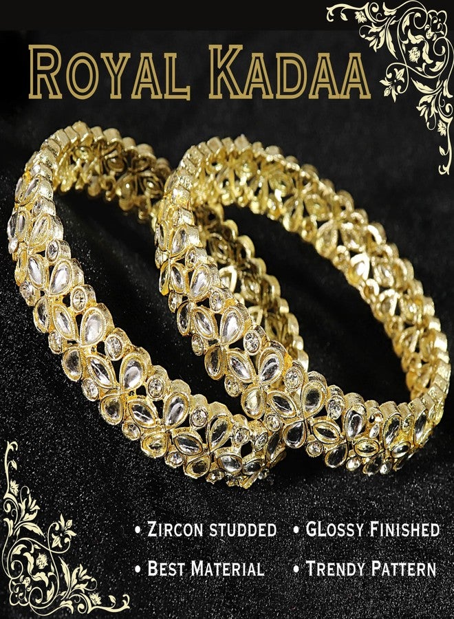 NMII Traditional Gold Plated Metal with American Diamond & Kundan Stone Work Bangles For Women & Girls | Kada For Women Stylish | Bangles For Wedding, Party, Occasion Wear-(MAH86-GoldSilver-2.6) - Image 5