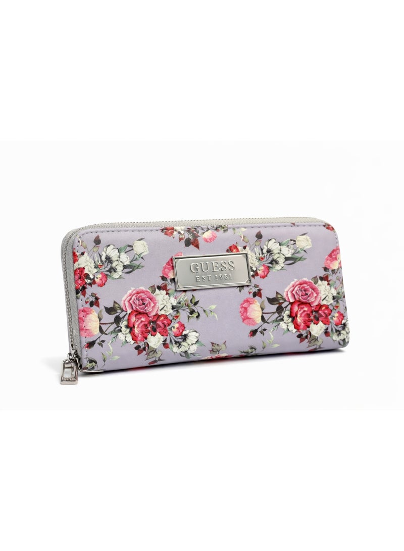 GUESS Floral Print Zip-Around Wallet with Metal Logo Plate