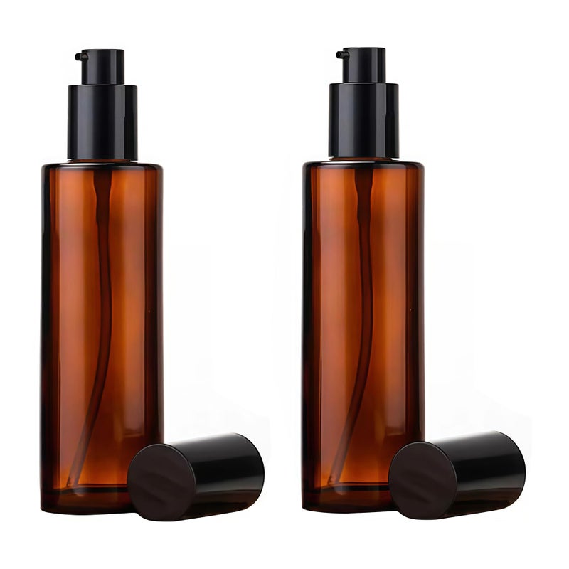 TOPWEL 2PCS 120ml/4oz Empty Refillable Amber Glass Lotion Pump Press Bottles Soap Dispensers Containers Jars with Black Cap for Foundation Cream Makeup Removel Oil Shampoo - Image 1