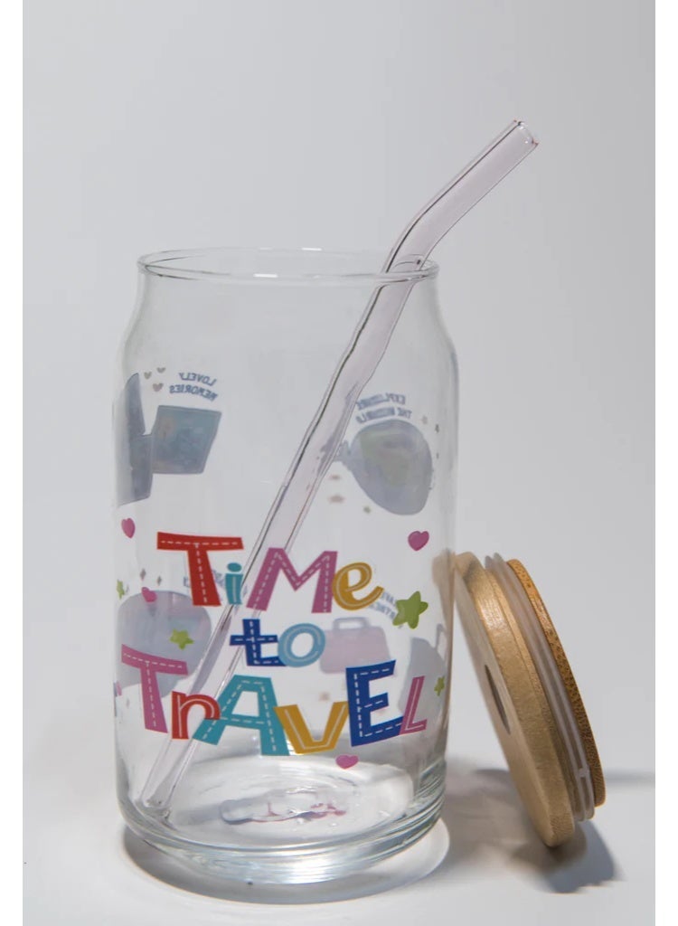 “Time to Travel” Printed Glass Cup with Bamboo Lid  Glass Straw – Travel  Adventure Design (16 oz Limited 50 Pieces) - Image 1