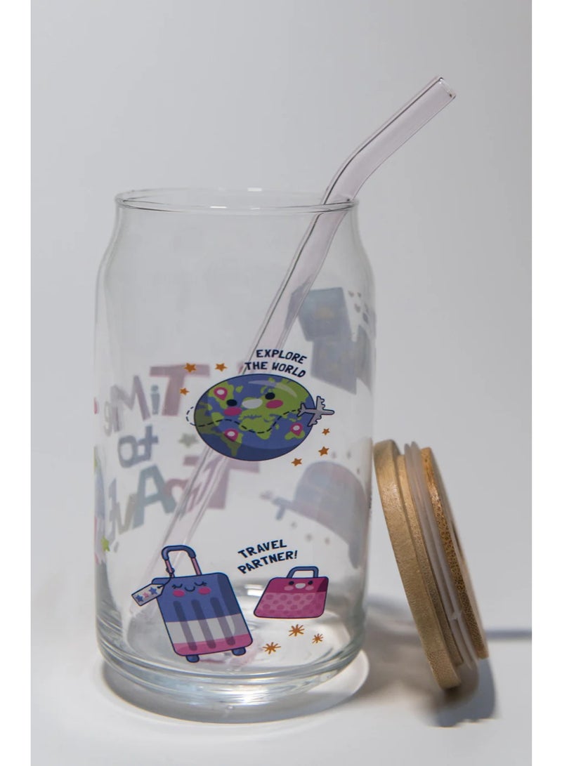“Time to Travel” Printed Glass Cup with Bamboo Lid  Glass Straw – Travel  Adventure Design (16 oz Limited 50 Pieces) - Image 5