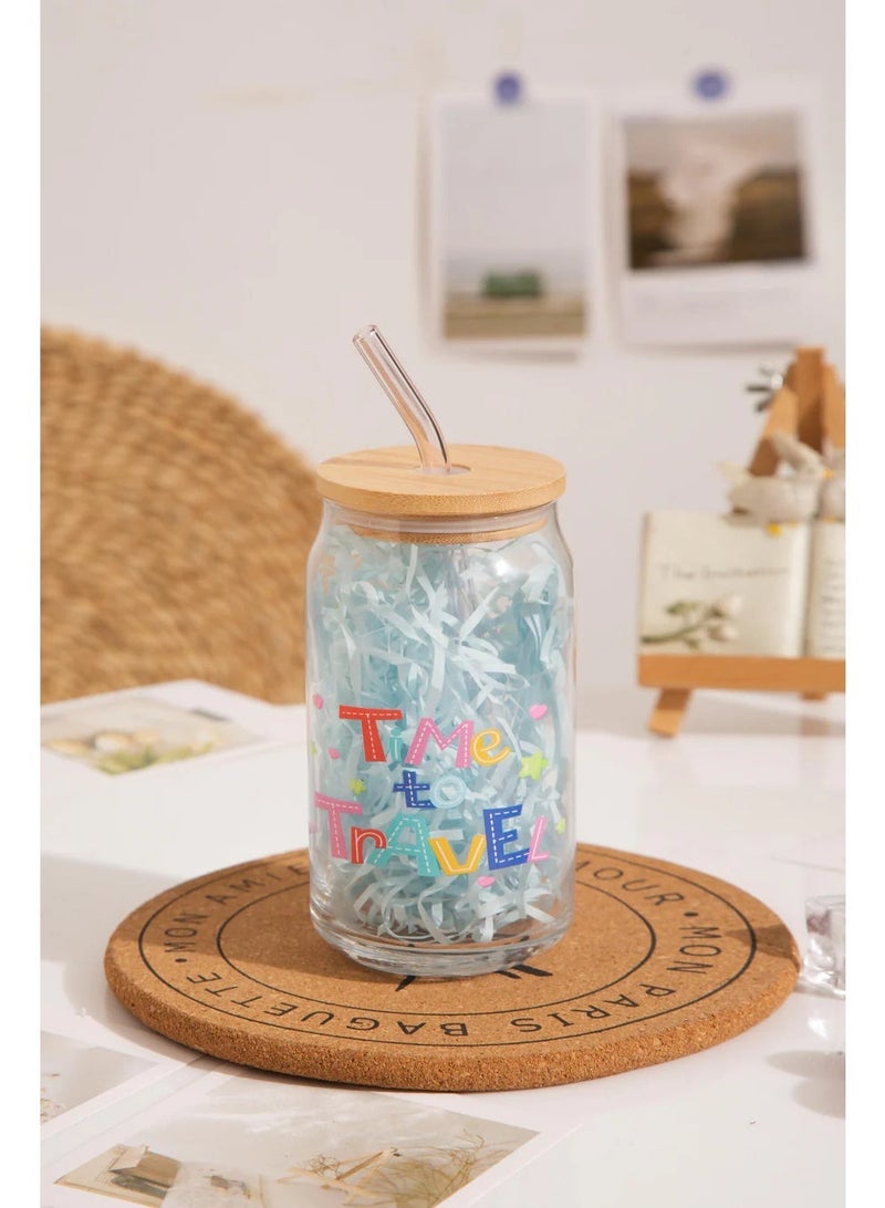“Time to Travel” Printed Glass Cup with Bamboo Lid  Glass Straw – Travel  Adventure Design (16 oz Limited 50 Pieces) - Image 2