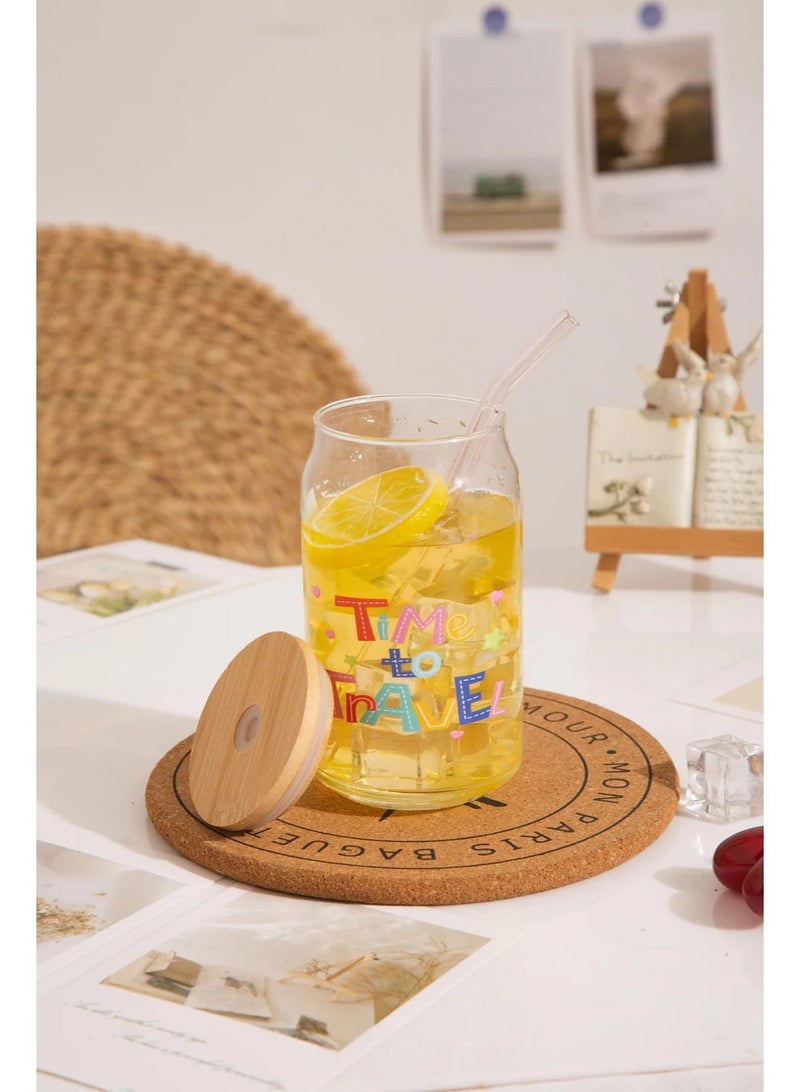 “Time to Travel” Printed Glass Cup with Bamboo Lid  Glass Straw – Travel  Adventure Design (16 oz Limited 50 Pieces) - Image 3