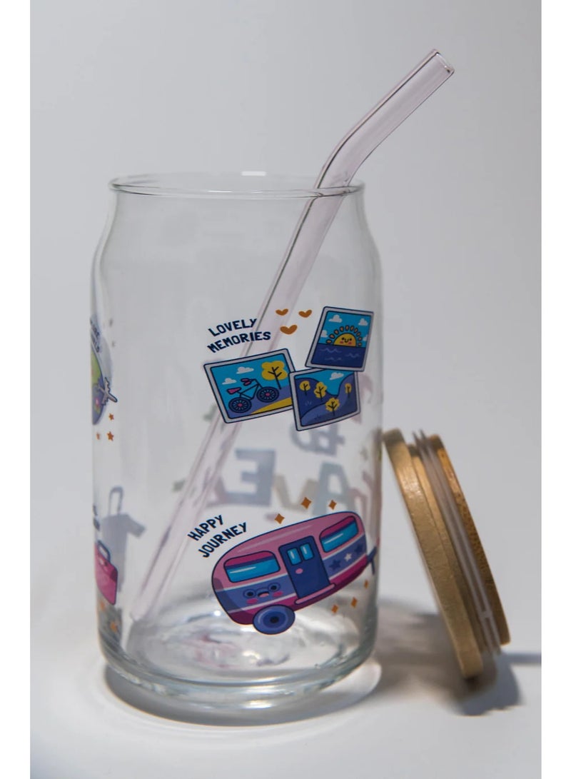 “Time to Travel” Printed Glass Cup with Bamboo Lid  Glass Straw – Travel  Adventure Design (16 oz Limited 50 Pieces) - Image 4