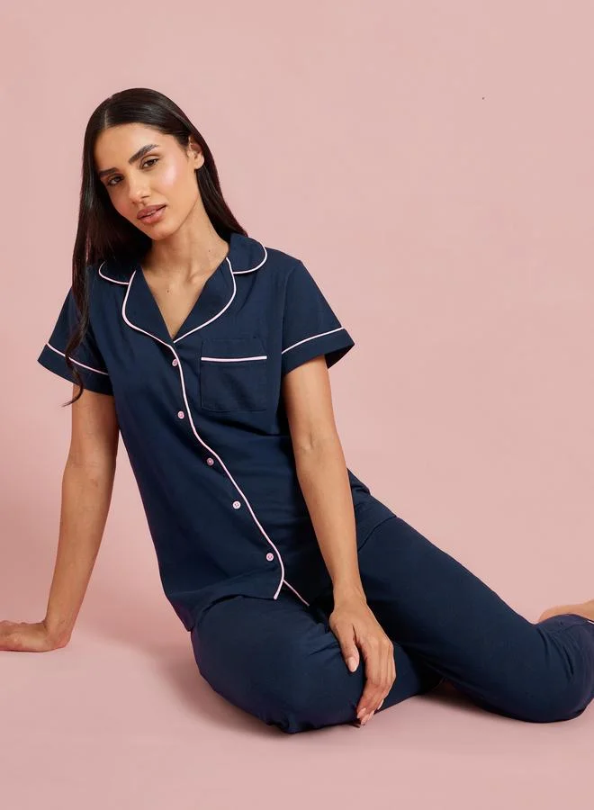 Styli Navy Blue Contrast Trims Short Sleeves Shirt And Wide Leg Pants Pyjama Set