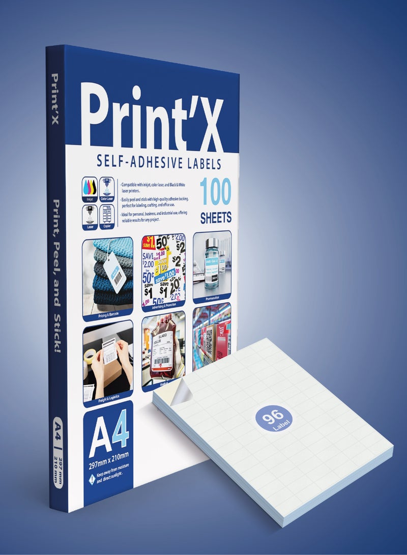 Print'X A4 Sticker Paper – Label Size (35 x 18.5 mm) – 96 Labels per Sheet – Pack of 100 Sheets - Image 1