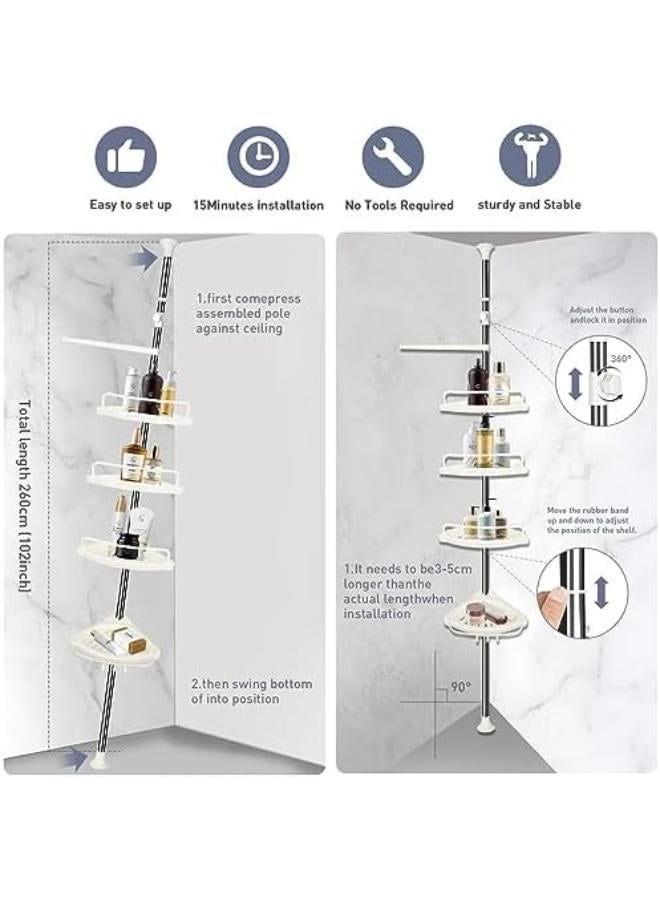 رف دش بأربعة أرفف، رف زاوية للحمام قابل للتعديل، رف تخزين قابل للتعديل، منظم شامبو وصابون قابل للتمديد لحوض الاستحمام - Image 3