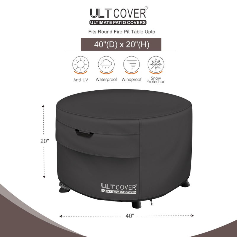 ULTCOVER غطاء طاولة نار فناء ULTCOVER دائري 40 بوصة خارجي مقاوم للماء لوعاء النار، أسود - Image 2