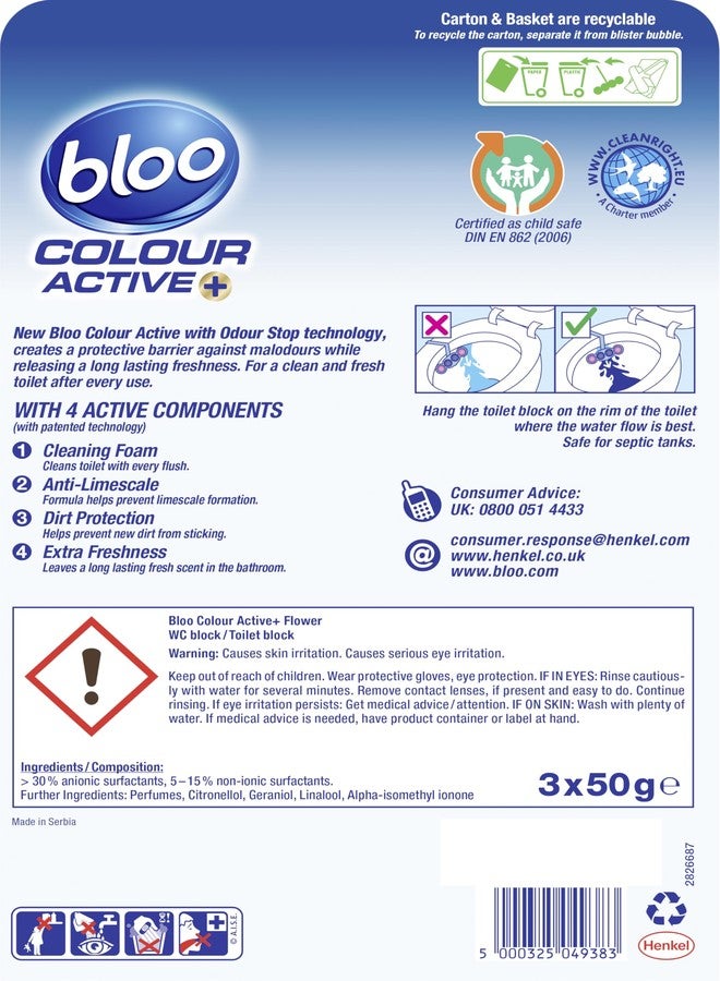 Bloo Solid Toilet Rim Block Colour Active Blue Fresh Flower | 4 in 1 Toilet Cleaners with Anti-Limescale, Cleaning Foam, Dirt Protection and Extra Freshness | Pack of 3, 3x50g - Image 2