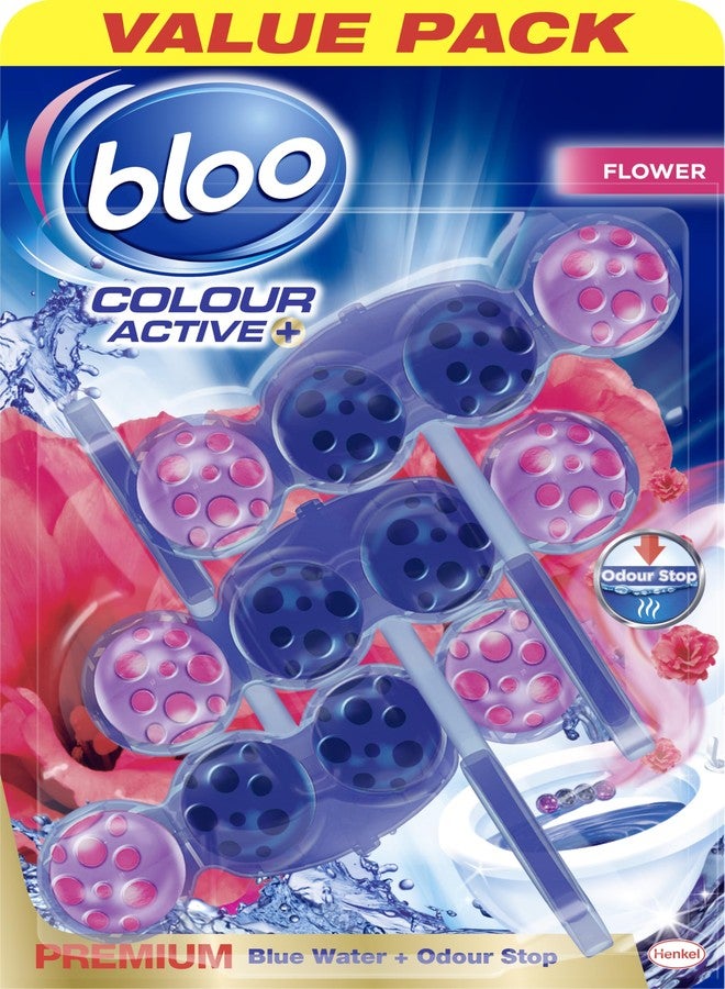 Bloo Solid Toilet Rim Block Colour Active Blue Fresh Flower | 4 in 1 Toilet Cleaners with Anti-Limescale, Cleaning Foam, Dirt Protection and Extra Freshness | Pack of 3, 3x50g - Image 1
