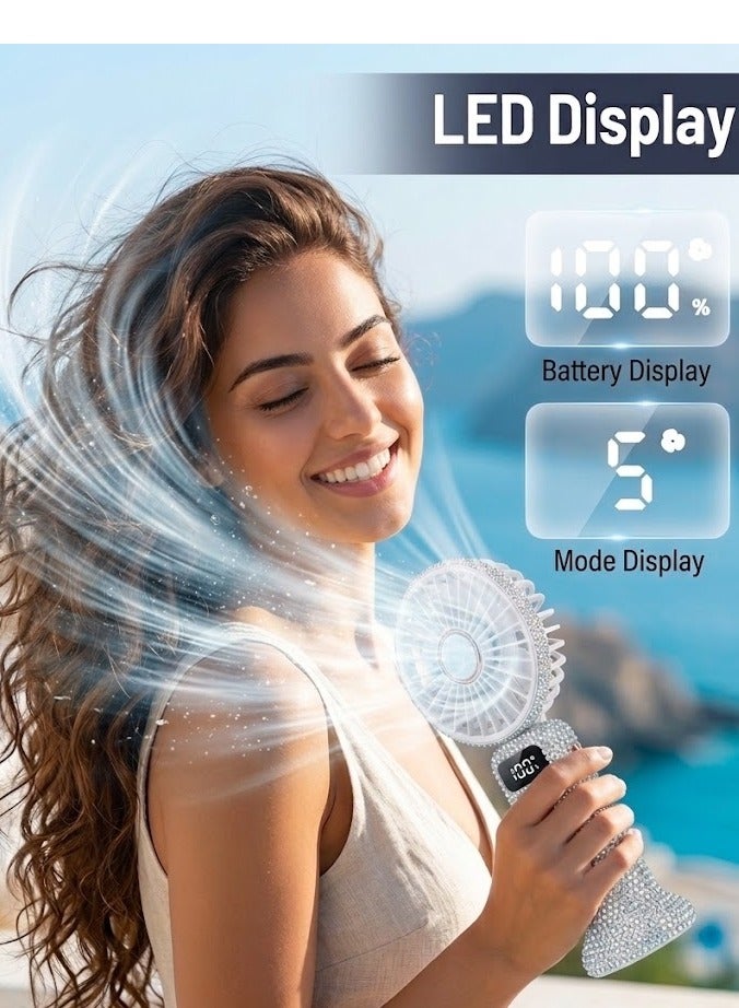 Fan Chang Shiny hand fan with digital display 5 fan, rechargeable + mobile holder + charging cable, waterproof, foldable, enjoy fresh air. - Image 3