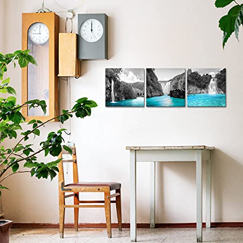 Derkymo 3 Pieces Teal Waterfall Pictures Black and White Canvas Wall Art Landscape Artwork for Bedroom Bathroom Decor Framed Ready to Hang 12"x12"x3pcs - Image 4