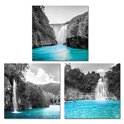 Derkymo 3 Pieces Teal Waterfall Pictures Black and White Canvas Wall Art Landscape Artwork for Bedroom Bathroom Decor Framed Ready to Hang 12"x12"x3pcs - Image 1