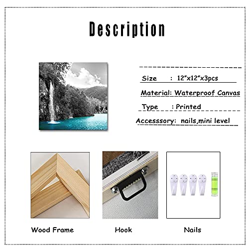 Derkymo 3 Pieces Teal Waterfall Pictures Black and White Canvas Wall Art Landscape Artwork for Bedroom Bathroom Decor Framed Ready to Hang 12"x12"x3pcs - Image 5