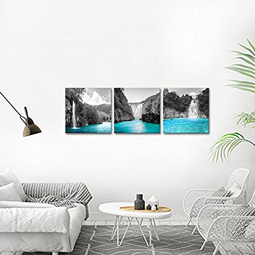 Derkymo 3 Pieces Teal Waterfall Pictures Black and White Canvas Wall Art Landscape Artwork for Bedroom Bathroom Decor Framed Ready to Hang 12"x12"x3pcs - Image 3