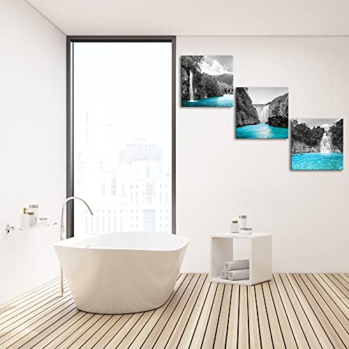 Derkymo 3 Pieces Teal Waterfall Pictures Black and White Canvas Wall Art Landscape Artwork for Bedroom Bathroom Decor Framed Ready to Hang 12"x12"x3pcs - Image 2