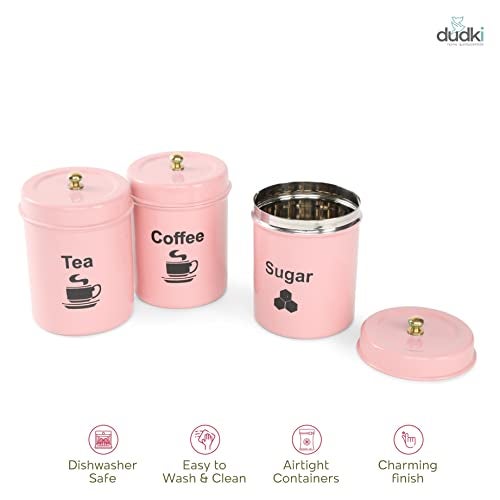 dudki Quoted Stainless Steel Round Canister/Kitchen Storage for Tea Coffee Sugar pack of 3 (PINK) - Image 5