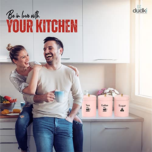 dudki Quoted Stainless Steel Round Canister/Kitchen Storage for Tea Coffee Sugar pack of 3 (PINK) - Image 4