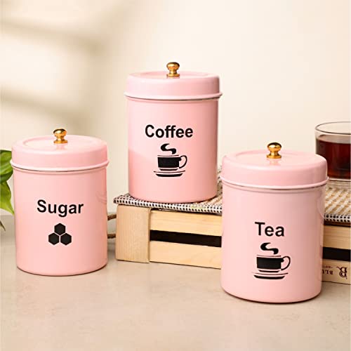 dudki Quoted Stainless Steel Round Canister/Kitchen Storage for Tea Coffee Sugar pack of 3 (PINK) - Image 1