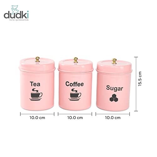 dudki Quoted Stainless Steel Round Canister/Kitchen Storage for Tea Coffee Sugar pack of 3 (PINK) - Image 2