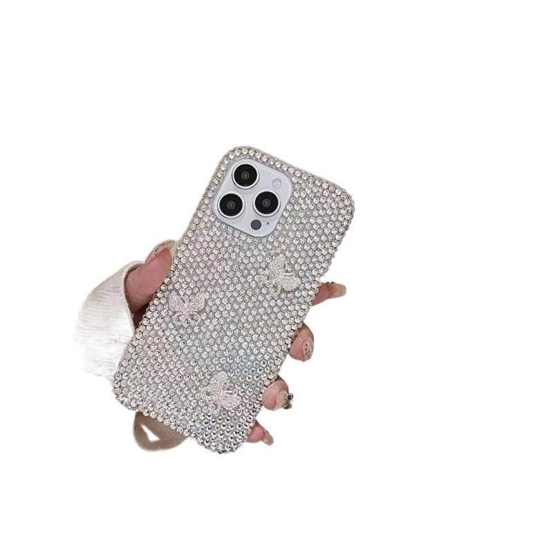Hard Shell Protective Case for iPhone 16 / 16 Plus / 16 Pro / 16 Pro Max with Crystal Butterfly Pattern and Shiny Rhinestone plus Full Rhinestone plus Anti-Slip Grip in Pink - Image 4