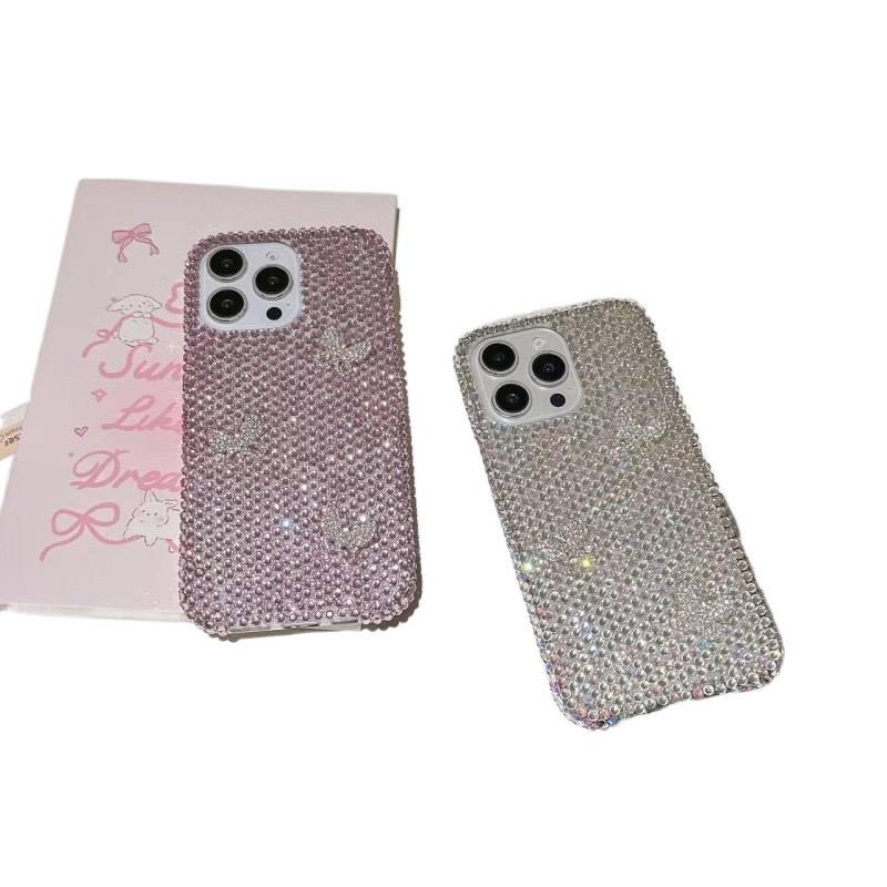 Hard Shell Protective Case for iPhone 16 / 16 Plus / 16 Pro / 16 Pro Max with Crystal Butterfly Pattern and Shiny Rhinestone plus Full Rhinestone plus Anti-Slip Grip in Pink - Image 3