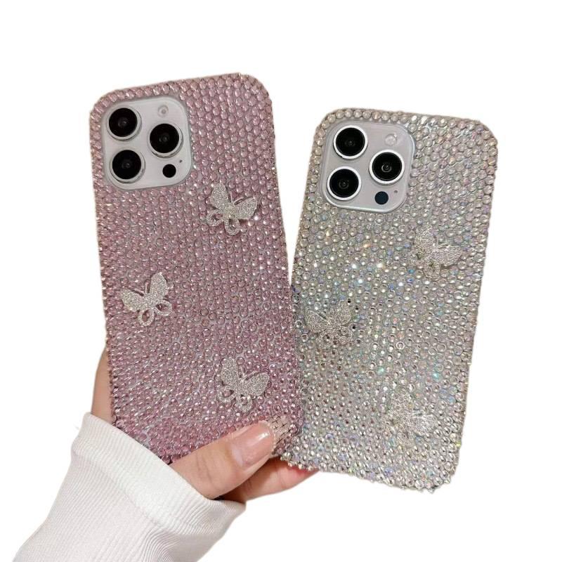 Hard Shell Protective Case for iPhone 16 / 16 Plus / 16 Pro / 16 Pro Max with Crystal Butterfly Pattern and Shiny Rhinestone plus Full Rhinestone plus Anti-Slip Grip in Pink - Image 2