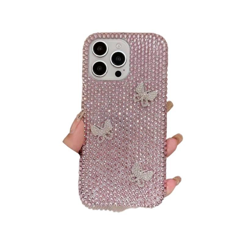 Hard Shell Protective Case for iPhone 16 / 16 Plus / 16 Pro / 16 Pro Max with Crystal Butterfly Pattern and Shiny Rhinestone plus Full Rhinestone plus Anti-Slip Grip in Pink - Image 1