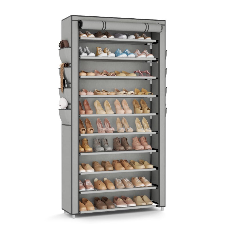 VTRIN Tall Shoe Rack with Cover 10 Tier Shoe Organizer Storage for 5055 Pairs Shoes and Boots Large Capacity Shoe Shelf with 8 Pockets Free Standing Shoe Rack for Closet Entryway Garage Grey