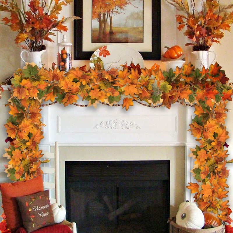 GnFlus 4 Pack Fall Maple Leaves Garland Artificial 5.2ft Fake Autumn Leaf Foliage Garland Hanging Vines for Indoor Outdoor Home Halloween Thanksgiving Wall Mantel Party Decor  - Image 4