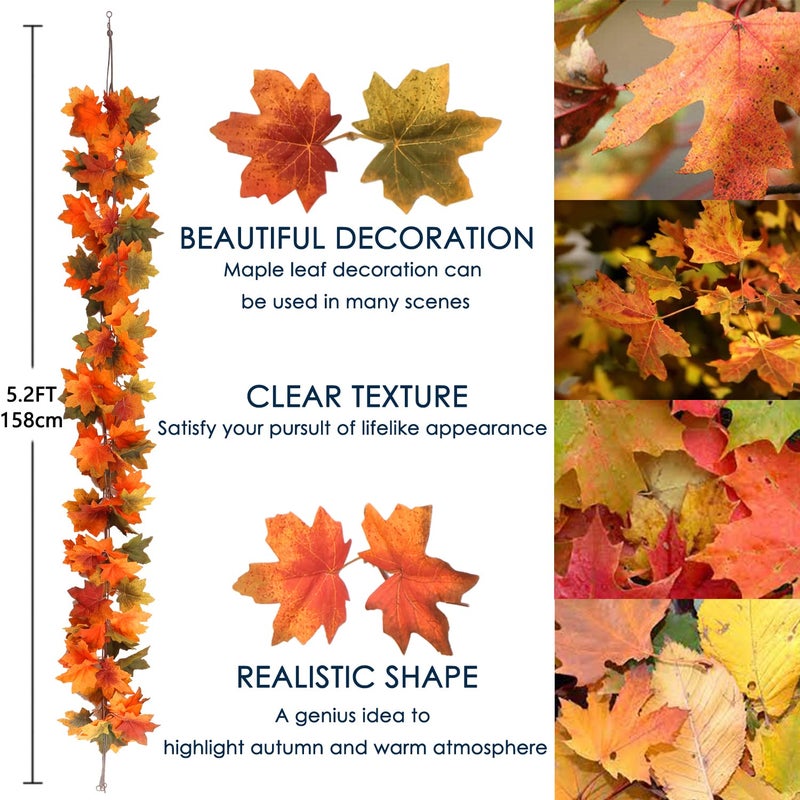 GnFlus 4 Pack Fall Maple Leaves Garland Artificial 5.2ft Fake Autumn Leaf Foliage Garland Hanging Vines for Indoor Outdoor Home Halloween Thanksgiving Wall Mantel Party Decor  - Image 2