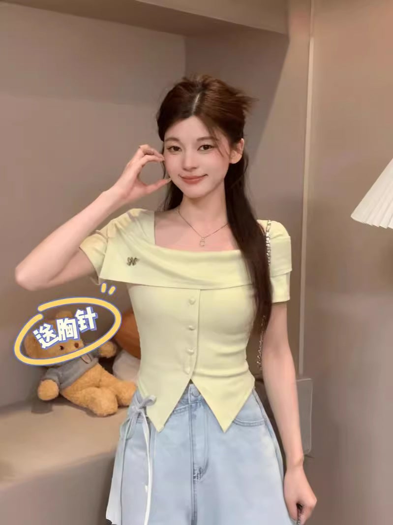 2024 Short Temperament Gentle Generous Slim Slim Design Irregular T-Shirt Dm8360 - Image 2