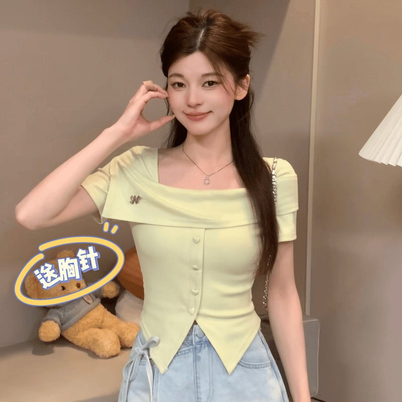 2024 Short Temperament Gentle Generous Slim Slim Design Irregular T-Shirt Dm8360 - Image 1
