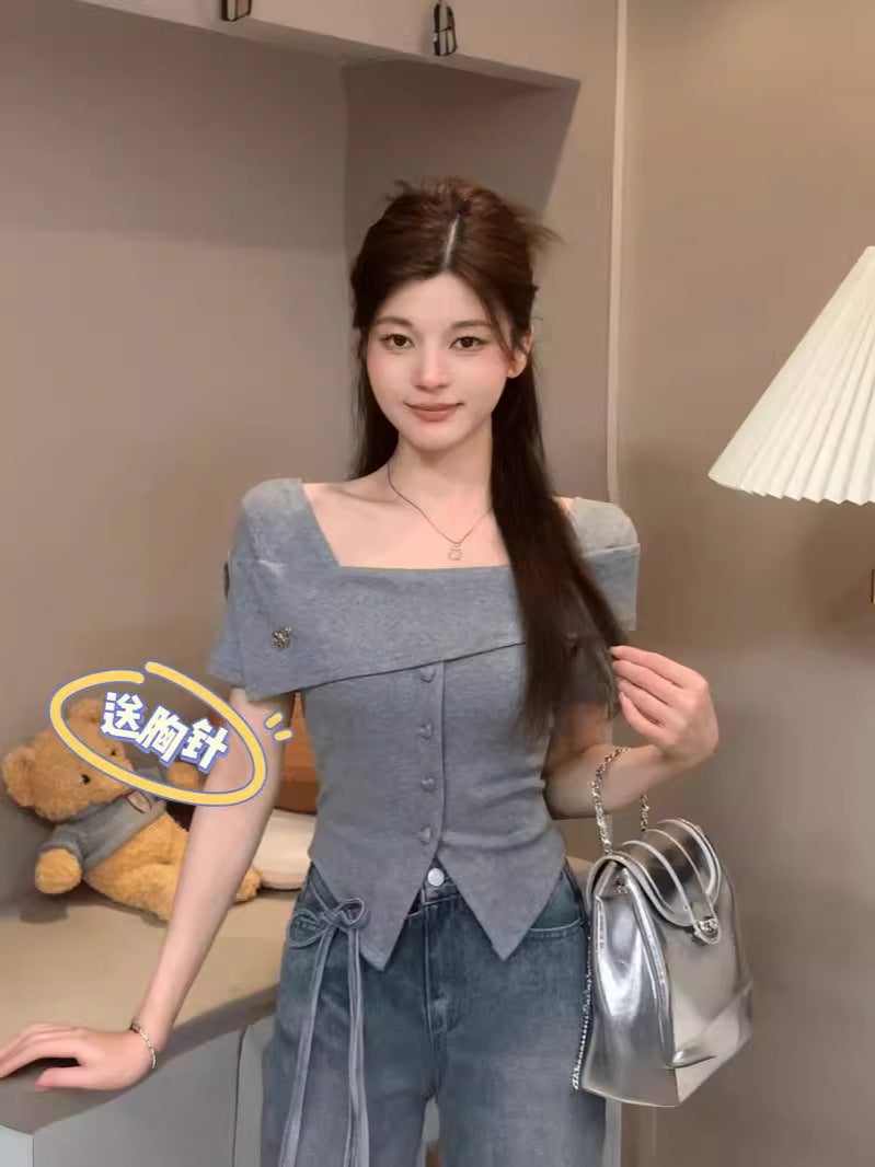 2024 Short Temperament Gentle Generous Slim Slim Design Irregular T-Shirt Dm8360 - Image 5