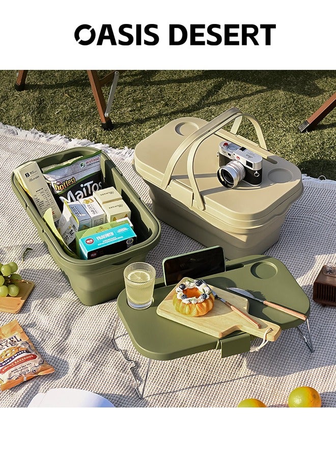 صحراء الواحة سلة نزهة قابلة للطي 2 في 1 في الهواء الطلق، مناسبة للسفر، سلة فاكهة بغطاء، سلة تخزين محمولة متعددة الوظائف ذات سعة كبيرة للتخييم - Image 2