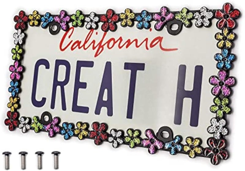 CRAFTHOME 3D Shining Daisy Wrenth License Plate Frame from Pure Zinc Alloy Metal Perfect Plate Holder, Matt Black with Colorful Glitter - Image 1