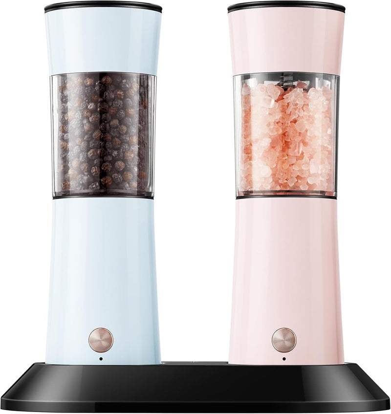 CULINARY FUN Gravity Electric Salt and Pepper Grinder Set with USB-C Charging Base,Rechargeable Automatic Stainless Steel Pepper Mill Grinder with LED Light, 2pack+Peach Orange (Morning Haze+Petal Pink) - Image 1