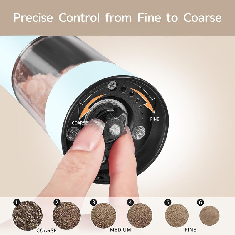 CULINARY FUN Gravity Electric Salt and Pepper Grinder Set with USB-C Charging Base,Rechargeable Automatic Stainless Steel Pepper Mill Grinder with LED Light, 2pack+Peach Orange (Morning Haze+Petal Pink) - Image 3