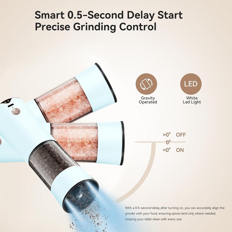 CULINARY FUN Gravity Electric Salt and Pepper Grinder Set with USB-C Charging Base,Rechargeable Automatic Stainless Steel Pepper Mill Grinder with LED Light, 2pack+Peach Orange (Morning Haze+Petal Pink) - Image 4